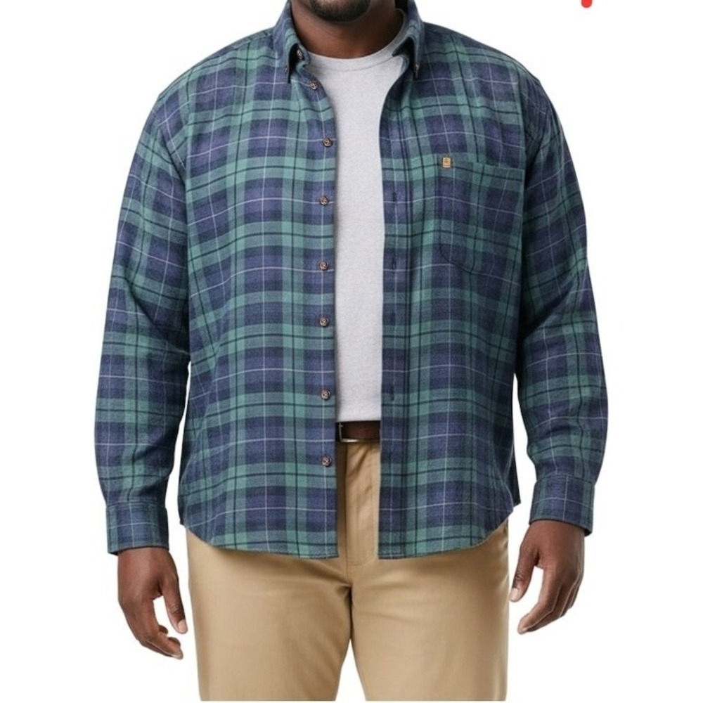 Izod Men Woodsy Cabin Stratton Flannel Button Down Shirt Blue Green Plaid LT